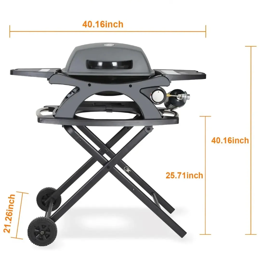 12,000 BTU Portable Tabletop Propane Gas Grill, Outdoor BBQ Grill with Built-in Thermometer, Black Camping Grill with Removable Side Tables for Outdoor Cooking, Tailgating