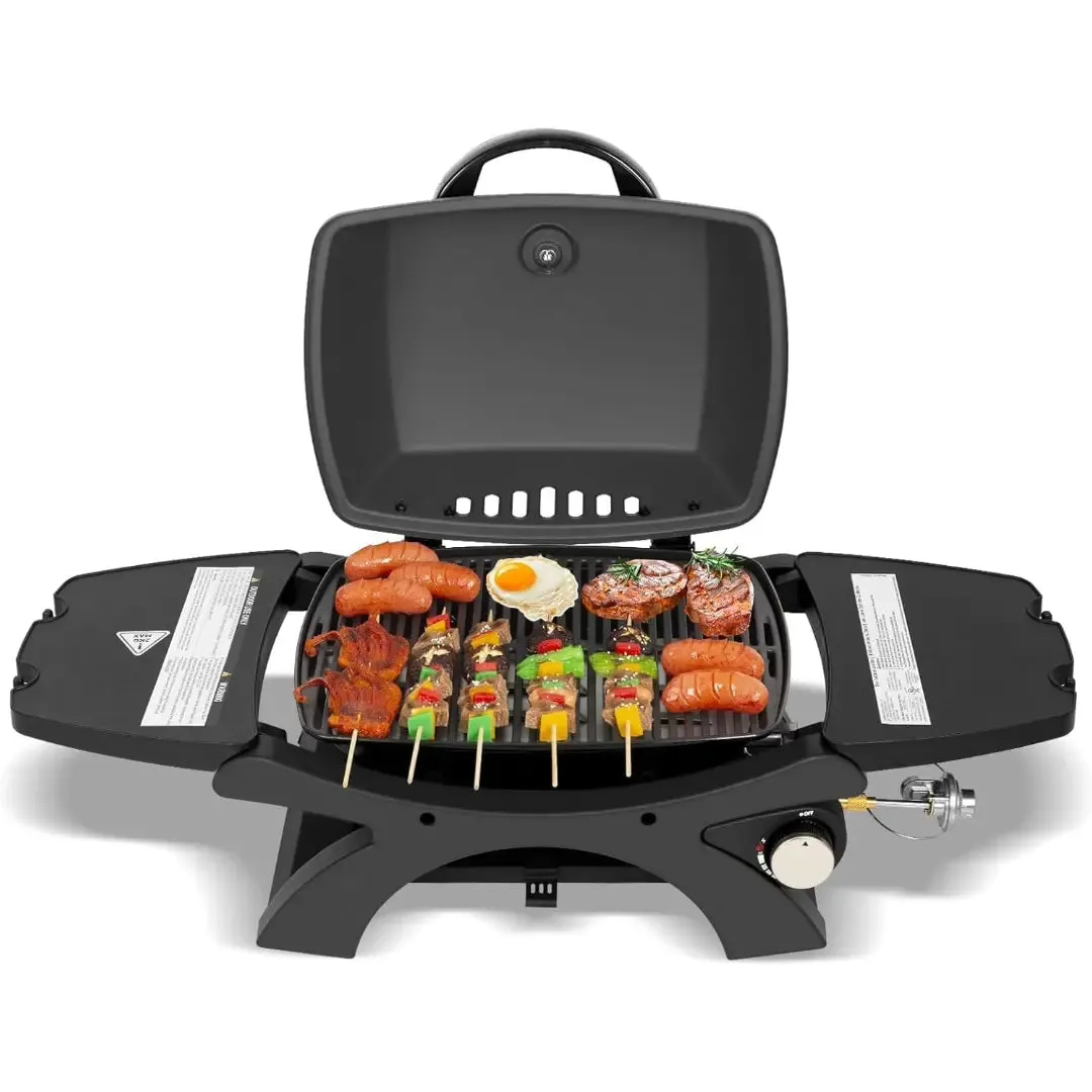 12,000 BTU Portable Tabletop Propane Gas Grill, Outdoor BBQ Grill with Built-in Thermometer, Black Camping Grill with Removable Side Tables for Outdoor Cooking, Tailgating