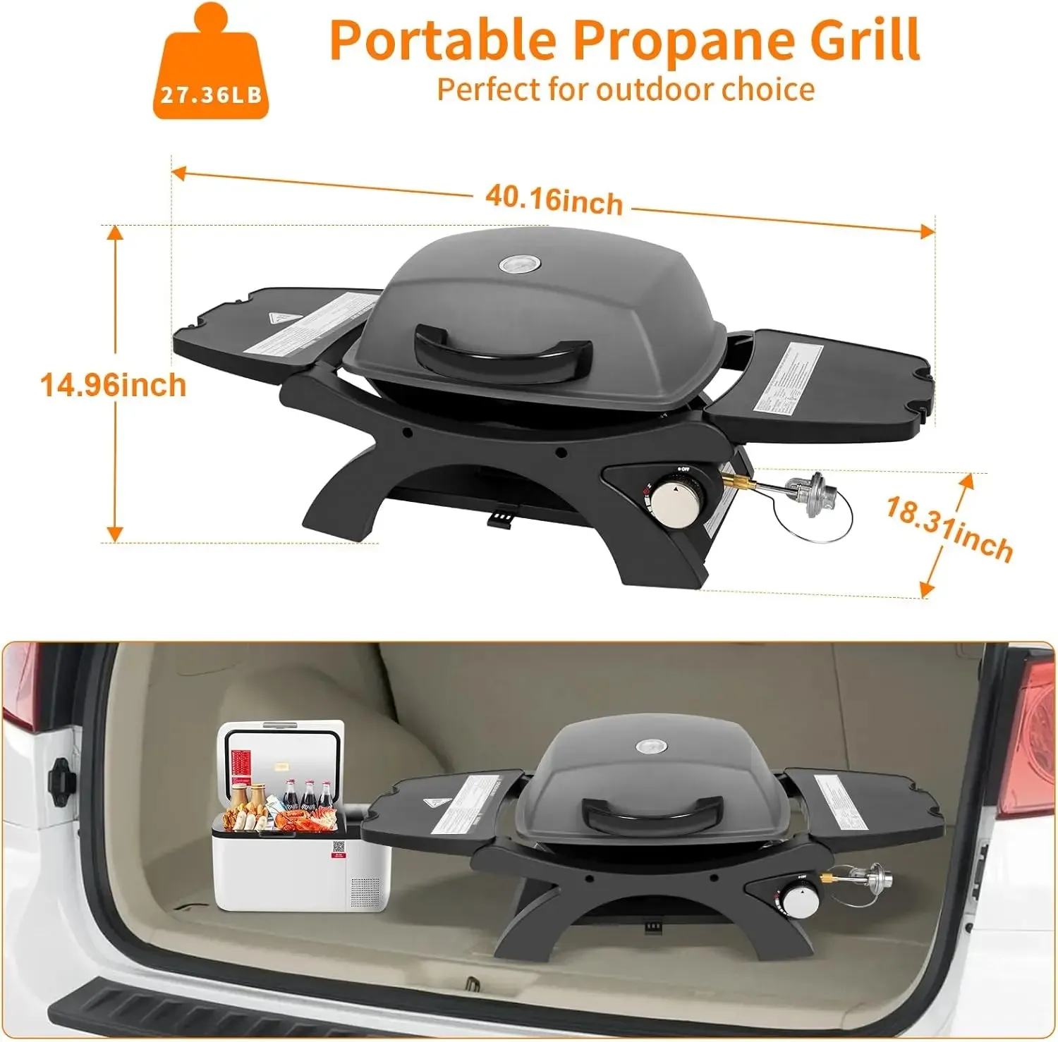 12,000 BTU Portable Tabletop Propane Gas Grill, Outdoor BBQ Grill with Built-in Thermometer, Black Camping Grill with Removable Side Tables for Outdoor Cooking, Tailgating