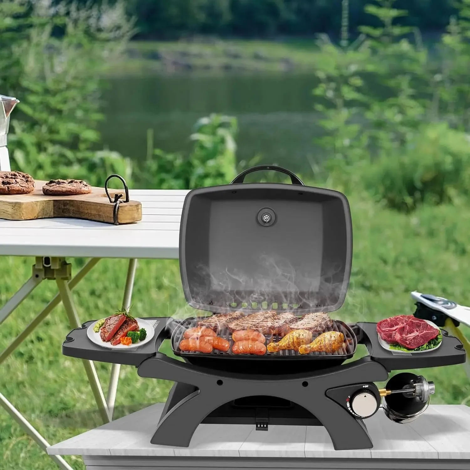 12,000 BTU Portable Tabletop Propane Gas Grill, Outdoor BBQ Grill with Built-in Thermometer, Black Camping Grill with Removable Side Tables for Outdoor Cooking, Tailgating