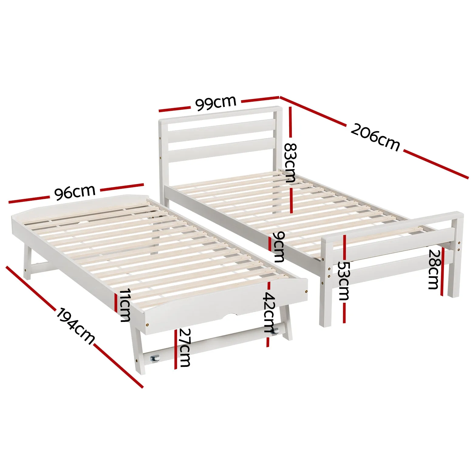 2-in-1 Trundle Bed Frame, Solid Pinewood, Single Size - Artiss