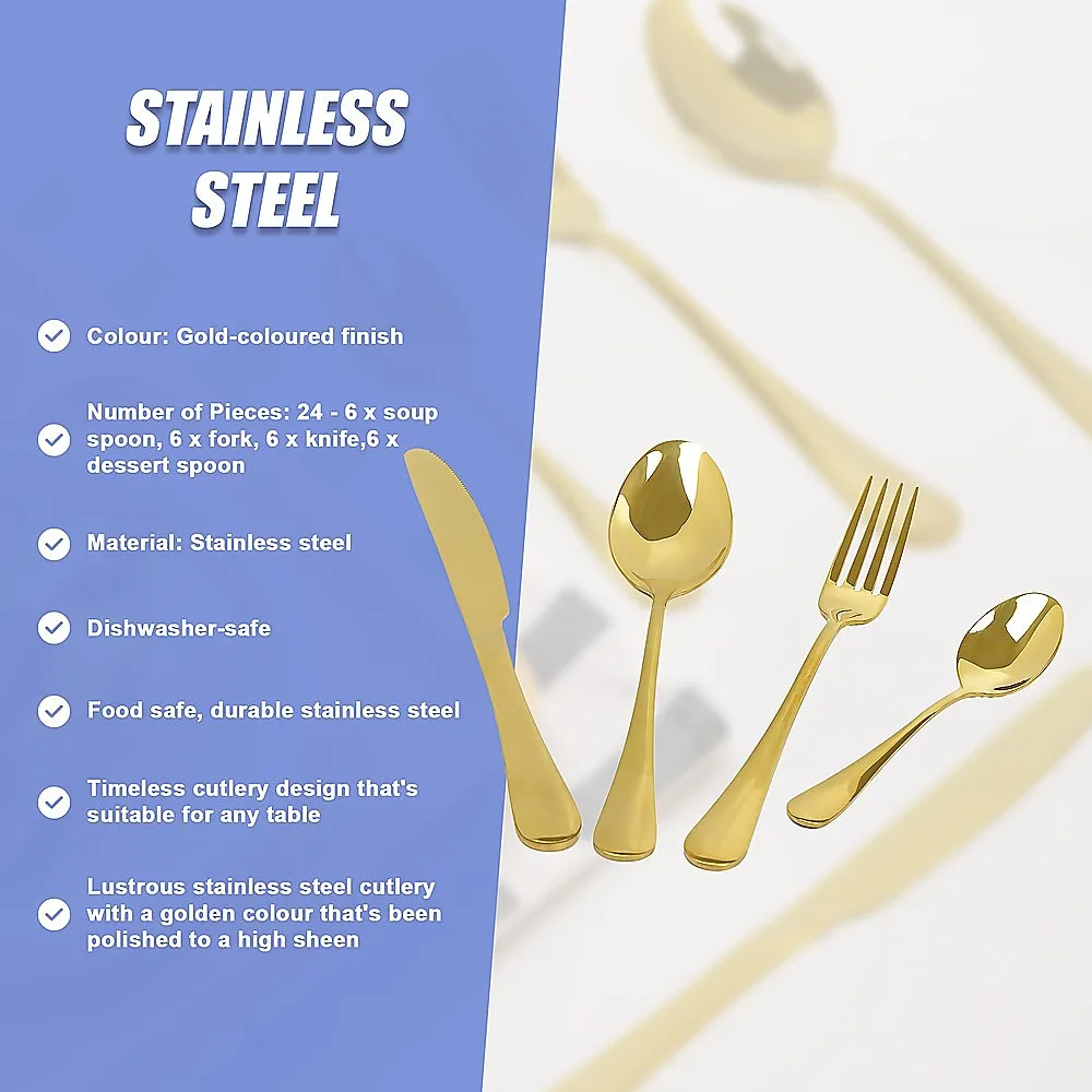 24-piece Gold Cutlery Flatware Stainless Steel Silverware Set Reflective Mirror Finish