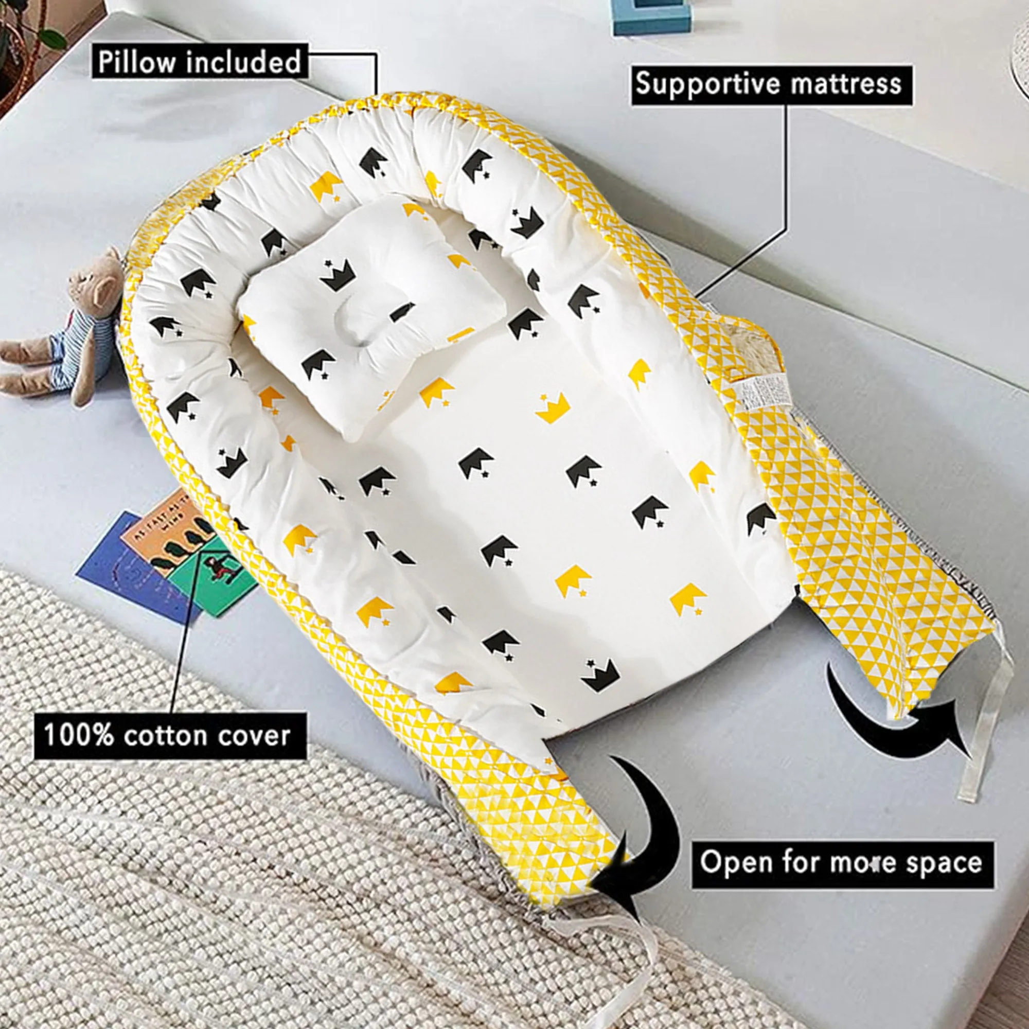 Babymoon Baby Nest Bed with Pillow | Adjustable, Portable, Reversible, Foldable | Cotton Baby Mattress Sleeping Bed | Crown Yellow