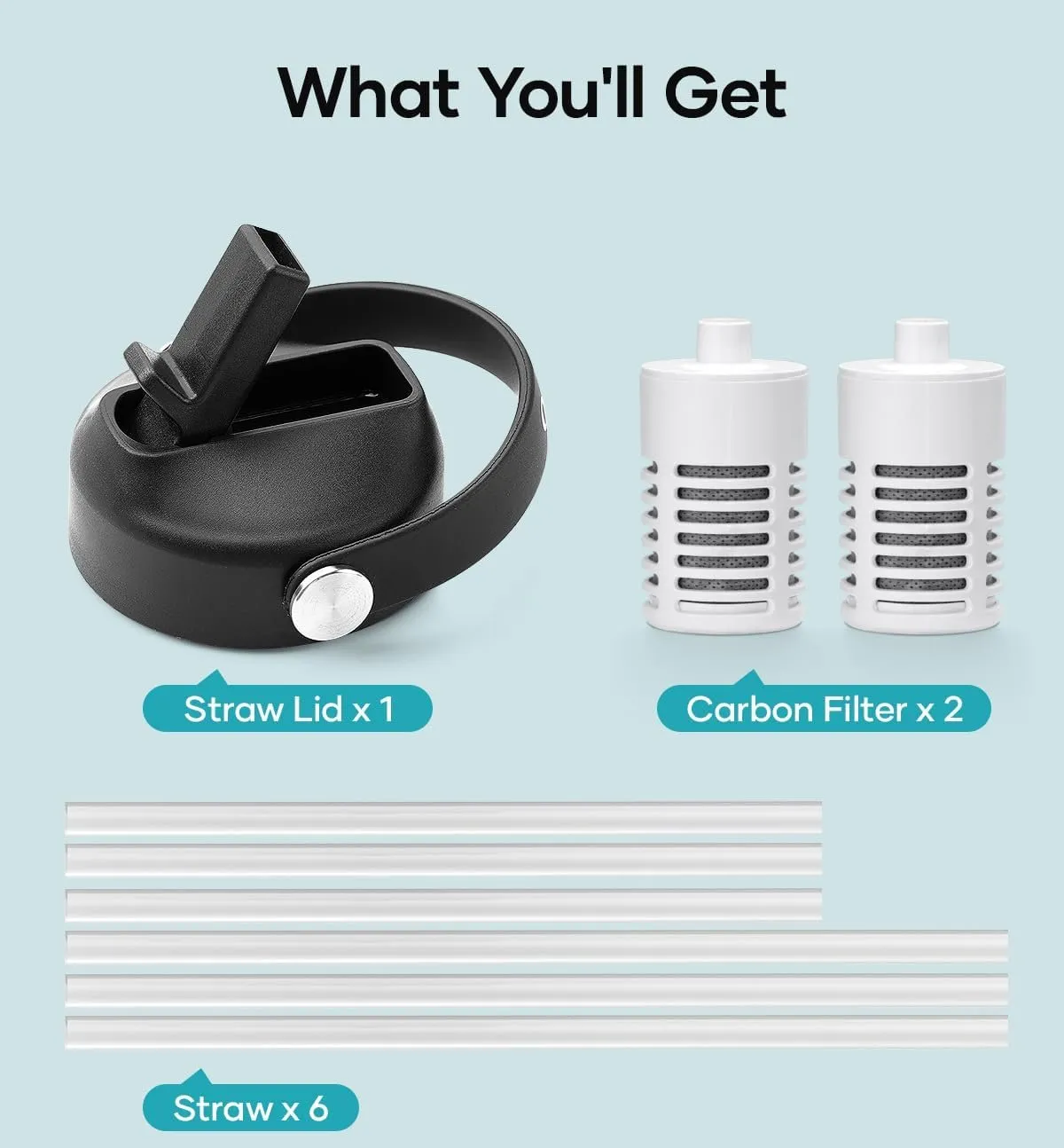 Carbon Filter Replacement with Straw Lid and Straws for Buzio Water Bottles