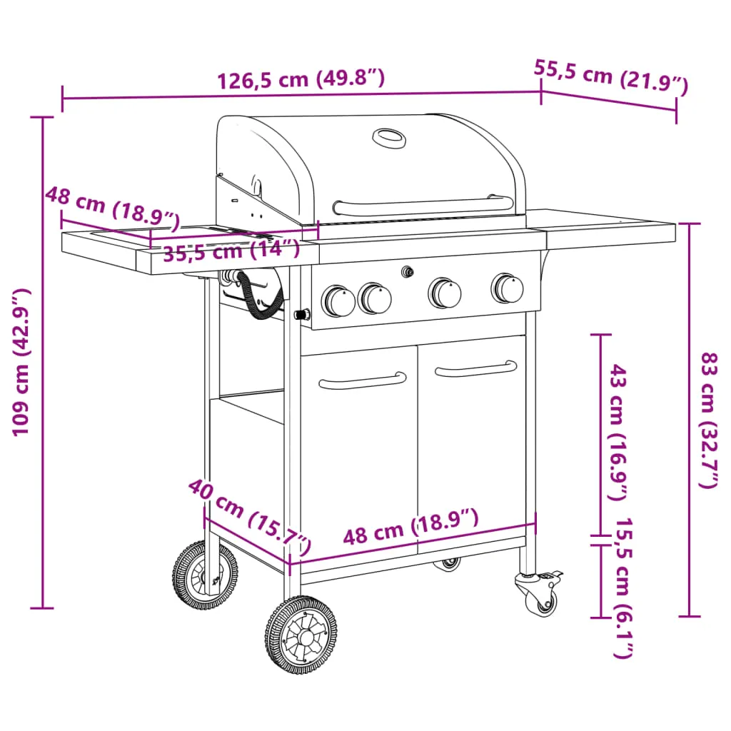 Gas BBQ Grill with 4 Burners Black Powder-coated Steel