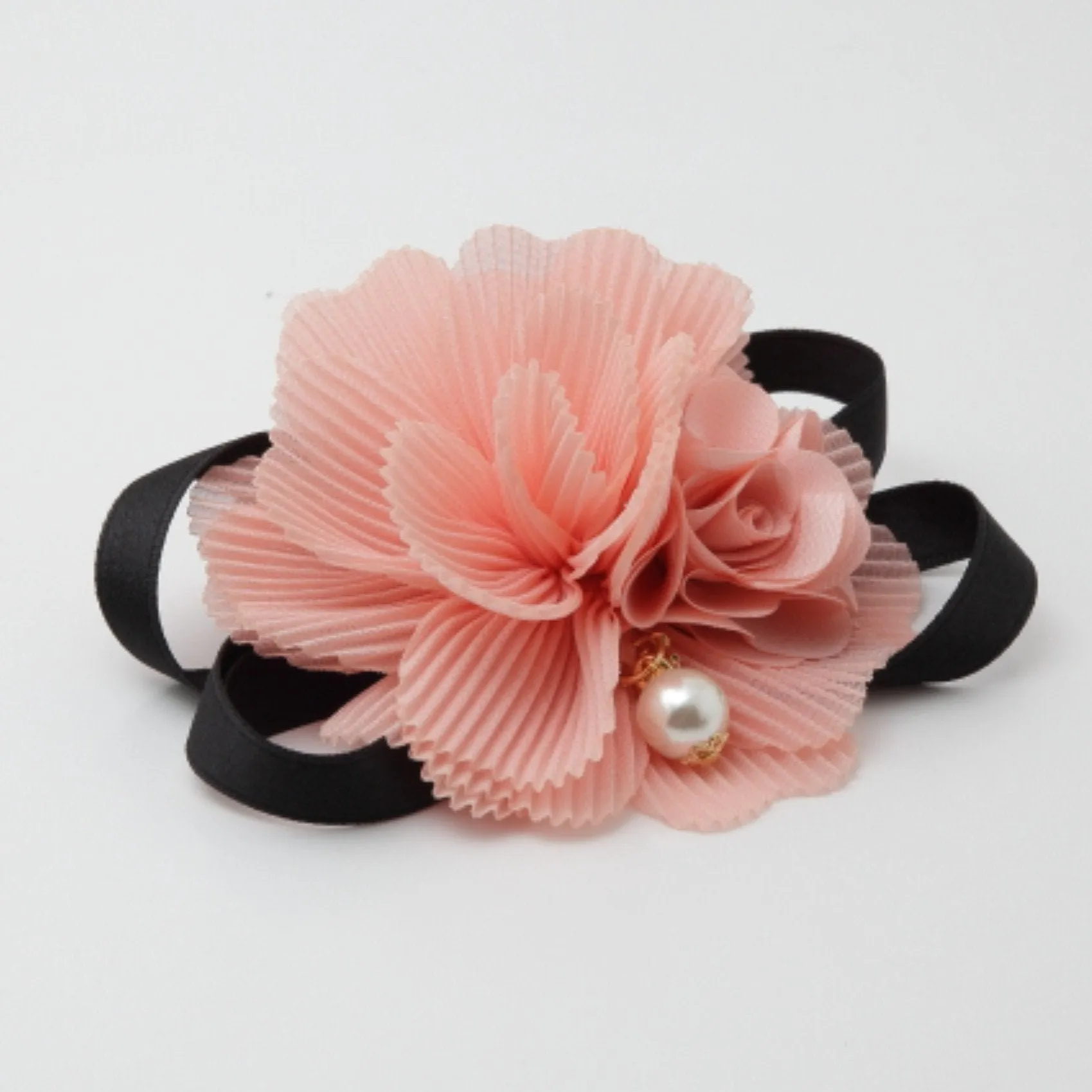 Handmade Pleat Flower Blossoms Black Bow Gift  Elastic Ponytail Holder