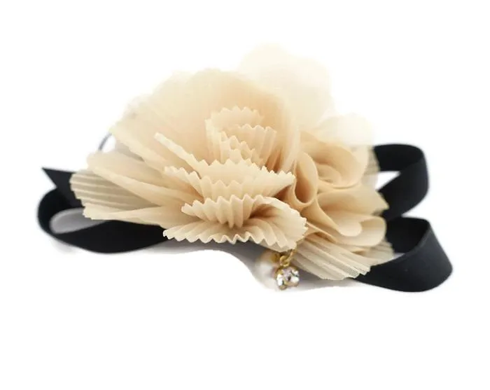 Handmade Pleat Flower Blossoms Black Bow Gift  Elastic Ponytail Holder