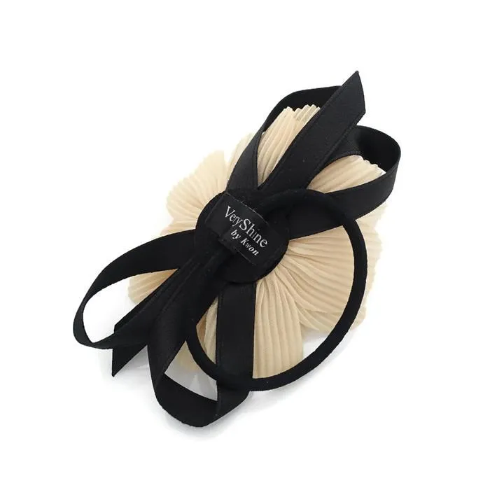 Handmade Pleat Flower Blossoms Black Bow Gift  Elastic Ponytail Holder