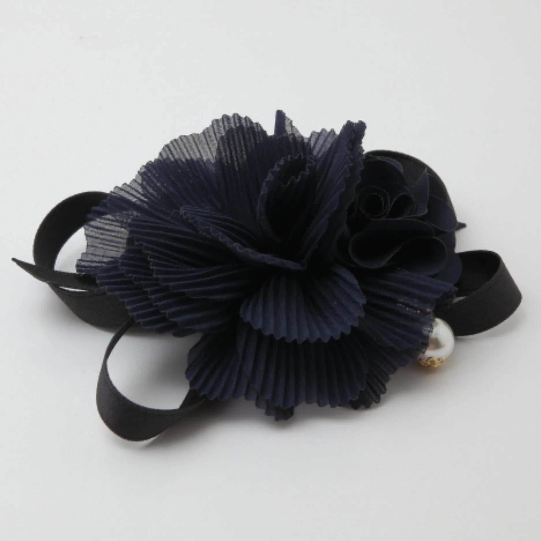 Handmade Pleat Flower Blossoms Black Bow Gift  Elastic Ponytail Holder