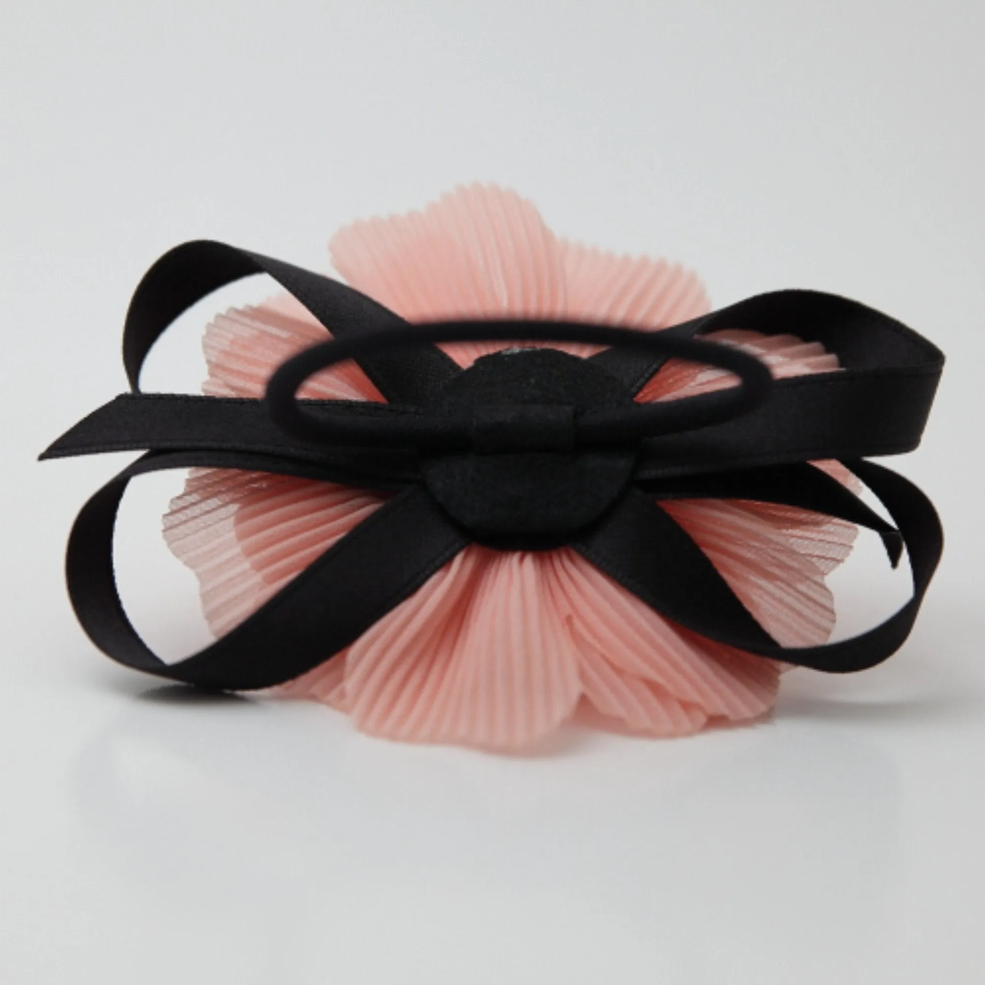 Handmade Pleat Flower Blossoms Black Bow Gift  Elastic Ponytail Holder