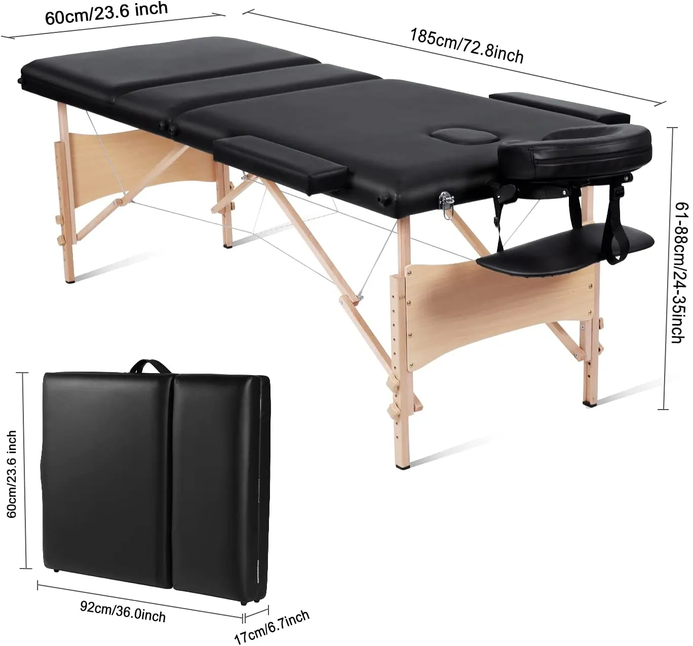 Massage Table Massage Bed Lash Bed Professional 84" Portable Facial Bed SPA Bed Treatment Table 3 Fold Height Adjustable with Carrying Bag(Black)