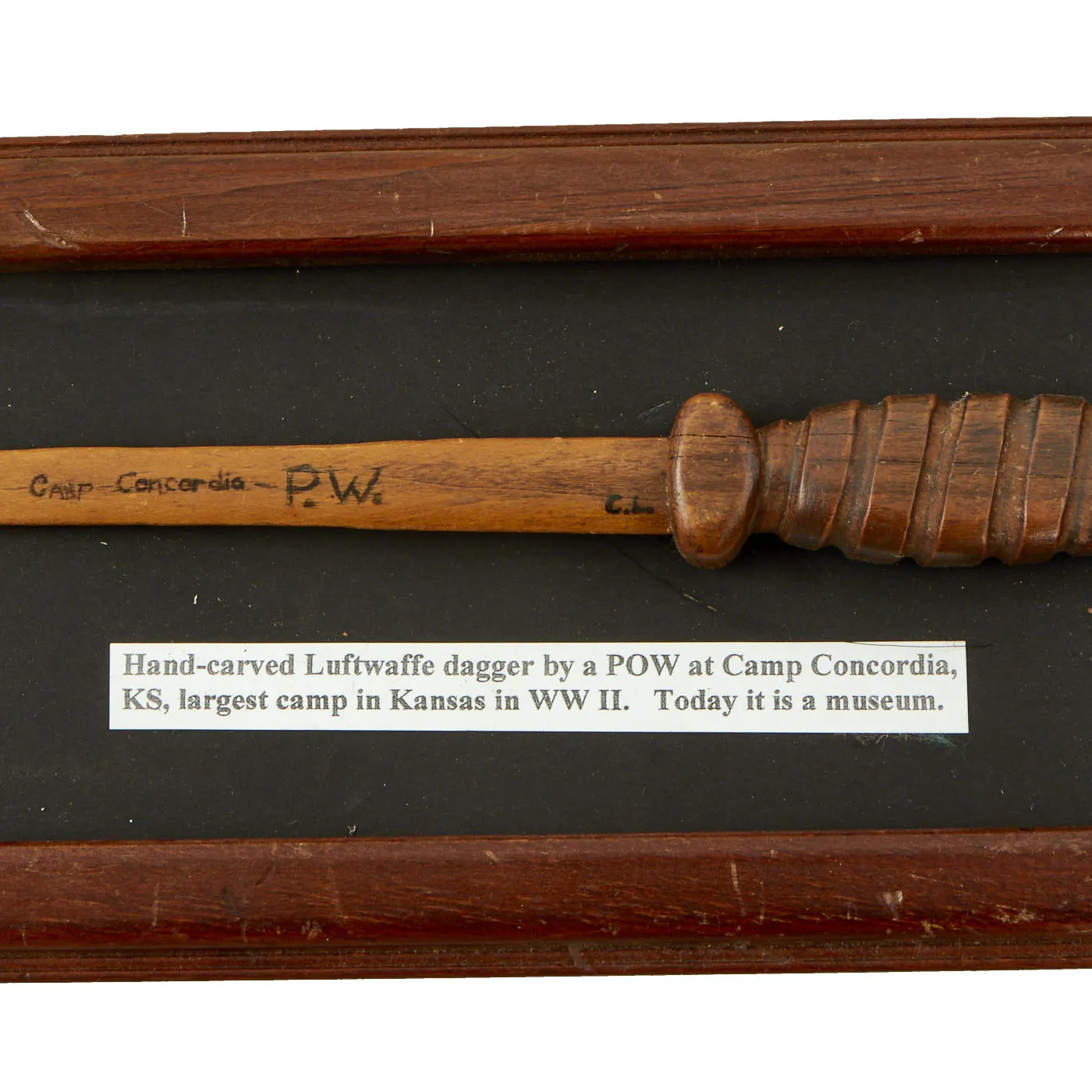 Original German WWII German Prisoner of War Framed Carved Wooden Luftwaffe Dagger From Camp Concordia, Kansas - 12” x 5”