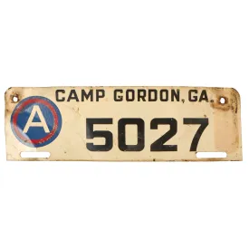 Original U.S. WWII Camp Gordon Georgia License Plate - 3rd Army